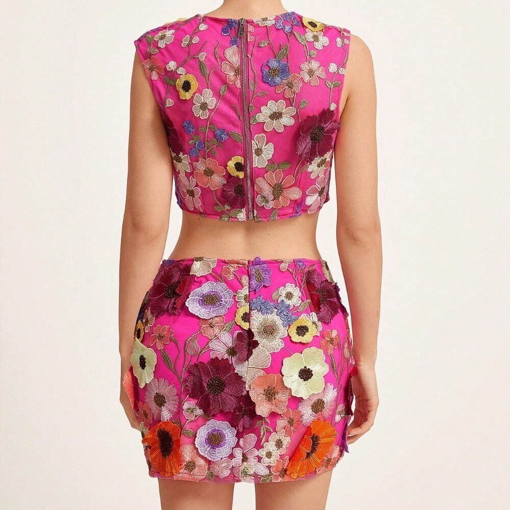 Boho Pink Women's Embroidered Floral Top Set - Picture 2 of 6